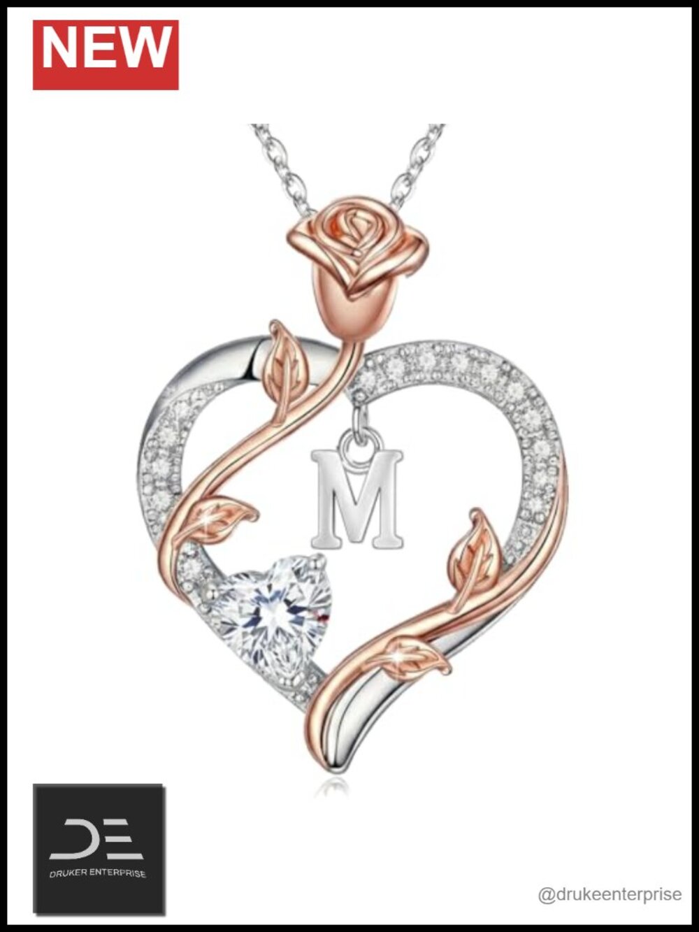 Initial Birthstone Necklace 18k White Gold Plated Rose Letter M Pendant